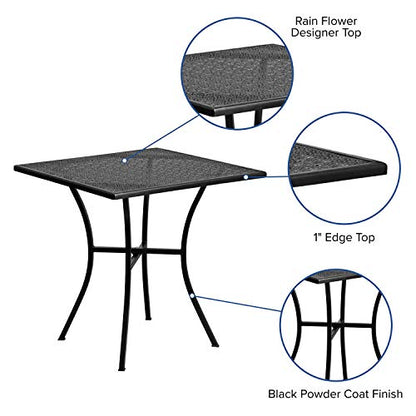 Flash Furniture Oia 28" Commercial Grade Steel Patio Table, Modern Square Rain Flower Design Outdoor Dining Table, Black - color: Black, size: 28" Square