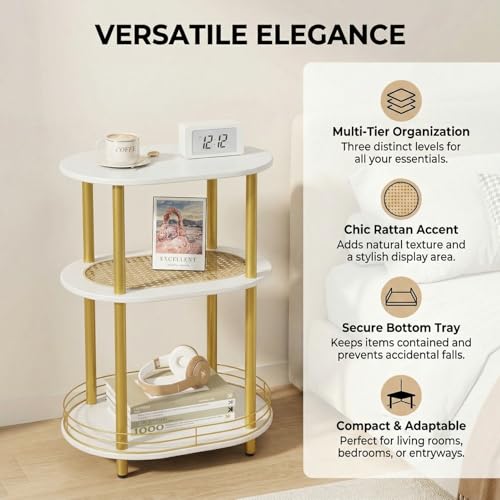 Small Rattan Side/Accent Table with Storage, 3 Tier Round/Oval End Table with Rattan Shelf & Metal Basket, Boho Nightstand, Tool Free Assembly/Screw-Hole Free Tabletop-Living Room Bedroom-Black - color: White-rattan, size: 1PC