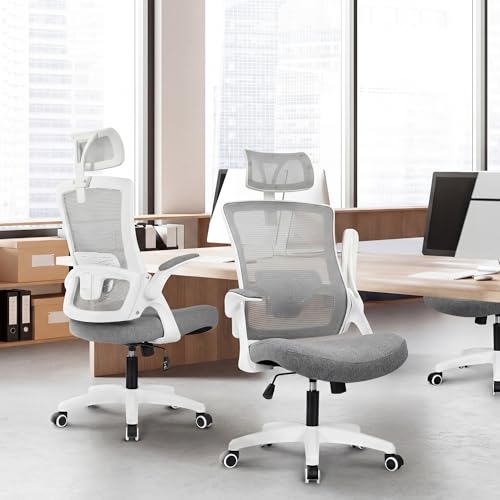 NEO CHAIR Office Desk Chair Gaming Computer High Back Support Mesh Comfy Seat with Adjustable Ergonomic Headrest Lumbar Rolling Flip-up Armrests and Wheels (Grey) - color: Grey