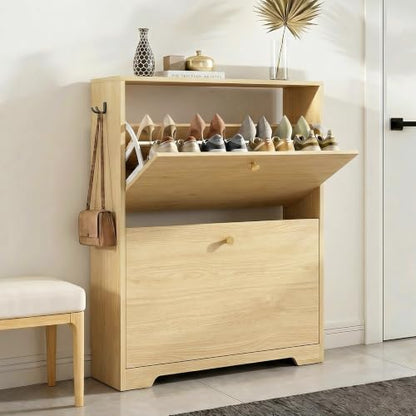 Nicetree Shoe Cabinet with 2 Flip Drawers, Narrow Shoe Organizer Cabinet, Freestanding Shoe Rack Cabinet, Modern Shoe Storage Cabinet for Entryway, Hallway, Foyer Natural Oak with Hook - color: Natural Oak, style: 2-Drawers with Hook