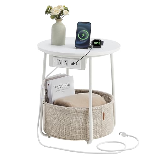 VASAGLE LILEA Collection - Side Table with Charging Station, Round End Table with Fabric Basket, Nightstand with USB Ports, for Living Room, Bedroom, Modern, Matte White and Camel Brown ULET228W01 - color: Matte White + Camel Brown, size: Without LED ligh