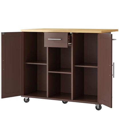 JY QAQA 42" Kitchen Island with Storage on Wheels, Rolling Table with Drop Leaf, Drawers, Cart Handle for Towel Rack or Free Movement, Brown - color: Brown