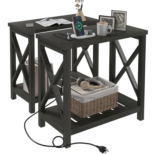 Hadulcet Farmhouse End Tables Living Room Set of 2 - Narrow Side Table with Charging Station, Slim Nightstand for Small Space, Skinny Bedside Table, Sofa Side Table with Storage Shelf, Black - color: Classic Black