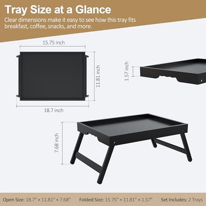 Breakfast Tray with Folding Legs Set of 2, Bamboo Bed Tray Table 15.7" Foldable TV Dinner Tray with Ergonomic Wave Handles for Bed Couch Sofa, Breakfast, Snacks, Coffee, Black - color: Black, size: Medium
