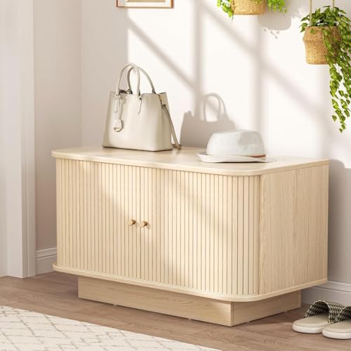 AKMAKM 31" Shoe Storage Bench Dark Oak Entryway Storage Bench with Sliding Doors, Padded Cushion and 5 Metal Wall Hooks for Hallway, Living Room - color: Oak, size: 31 W