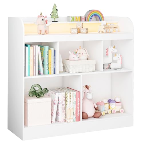 Lkeiyay Kids Bookshelf with LED Lights, Montessori Storage Unit, White | Freestanding open cubby kids bookcase with LED light, rounded safety edges, perfect for kids bedroom, playroom & nursery - color: All White