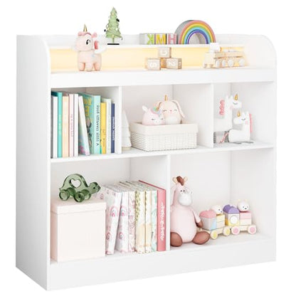 Lkeiyay Kids Bookshelf with LED Lights, Montessori Storage Unit, White | Freestanding open cubby kids bookcase with LED light, rounded safety edges, perfect for kids bedroom, playroom & nursery - color: All White