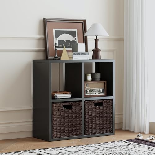Metal 4-Cube Storage Organizer with 2 Storage Baskets, Black Bookcase & Display Shelf, Multi-Functional 2 Tier Cube Shelf for Home Office, Living Room as TV Stand, Cabinet, Easy Assembly - color: Black, size: 4 Cube - Basket
