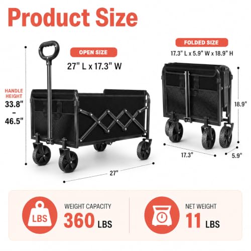 Collapsible Wagon Cart with Wheels, Compact 360 lb Folding Utility Wagon | 120L compact wagon with 360 lb support, 11 lb lightweight design, adjustable handle, 2 cup holders and all-terrain wheels - size: 360LB