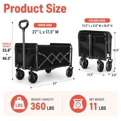 Collapsible Wagon Cart with Wheels, Compact 360 lb Folding Utility Wagon | 120L compact wagon with 360 lb support, 11 lb lightweight design, adjustable handle, 2 cup holders and all-terrain wheels - size: 360LB