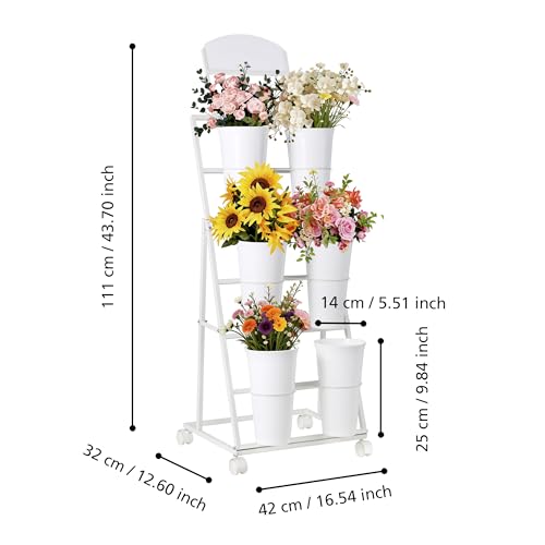 Flower display stand, three tiers with six vases, suitable for flower bars and indoor/outdoor celebrations. The flower cart display stand comes with a chalkboard and wheels (white). - color: White