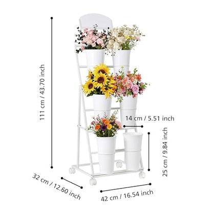 Flower display stand, three tiers with six vases, suitable for flower bars and indoor/outdoor celebrations. The flower cart display stand comes with a chalkboard and wheels (white). - color: White