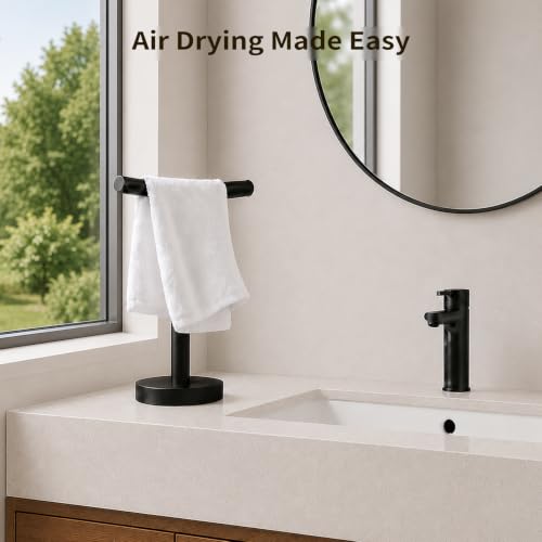 YUMORE Hand Towel Holder Stand for Bathroom & Kitchen, Freestanding T-Shape Towel Rack with Weighted Base, Matte Black