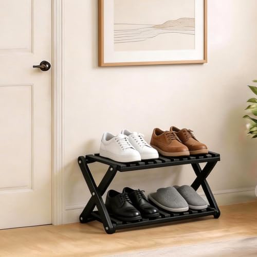 2 Tier Bamboo Shoe Rack Black,Portable Folding Shoe Storage Rack,Without Installation Small Shoe Rack Perfect for Corridors, Bedrooms and Small Spaces - color: Black, size: 2 Tier