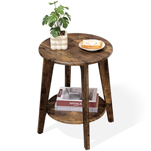 Small Round Side Table Wooden End Table with Lower Shelf Modern Nightstand Bedside Table for Small Spaces, Living Room, Bedroom Retro Brown - color: Brown
