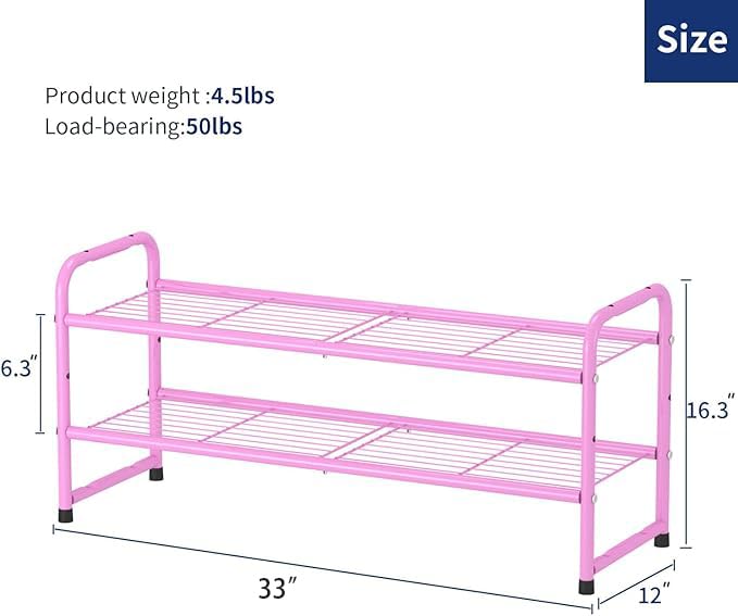 SUFAUY 2 Tier 33" Wide Shoe Rack, Closet Metal Wire, Stackable, Pink - color: Pink