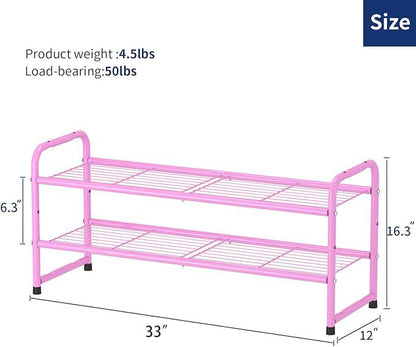 SUFAUY 2 Tier 33" Wide Shoe Rack, Closet Metal Wire, Stackable, Pink - color: Pink