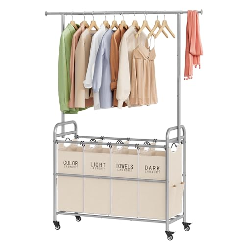 Laundry Hamper with Hanging Rack, Laundry Sorter 4 Sections, Beige | Laundry Basket with Lockable Wheels and Extended Side Bars, 4 Bins Rolling Separator Hamper Cart for Laundry Room, Bathroom - color: Beige, size: 4 bag