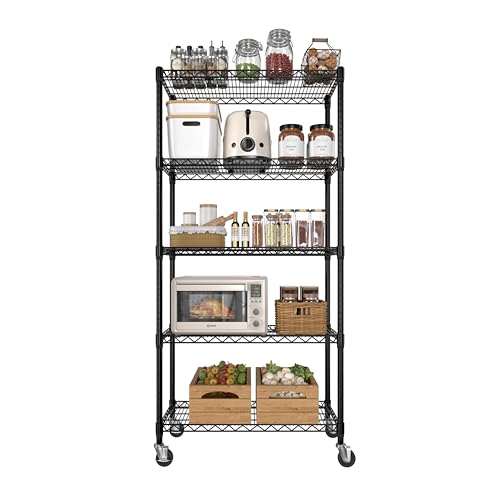 BlueWish 5-Tier Heavy Duty Steel Wire Shelving Unit with Wheels, Adjustable Storage Shelving Unit, 18" D x 36" W x 76" H NSF Certified Rolling Shelving for Kitchen Garage Basement Warehouse, Black - color: Black, size: 18" D x 36" W x 76" H