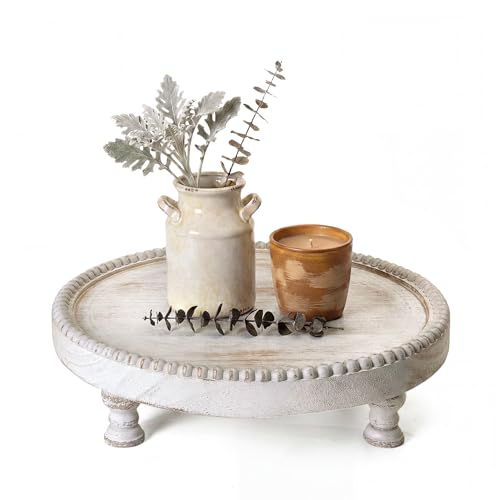 EOSAHR Pine Wood Modern Round Display Riser – Beaded Pedestal Tray Stand for Cake, Plant & Decor, Bathroom Vanity Organizer, Boho Home Accent – New House Essentials(Whitewash) - color: Whitewash