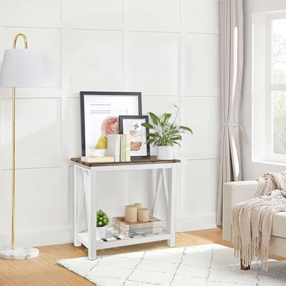Narrow End Table Rectangular Side Tables for Small Spaces Wood Framed Night Stands Sofa Bedside Table for Living Room Brown Smooth Tabletop Industrial Accent Furniture for Bathroom Bedroom - color: Brown&white