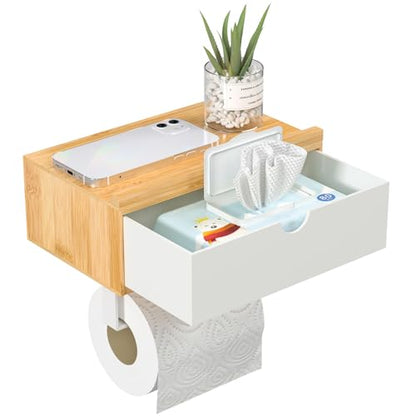 Domax Toilet Paper Holder with Shelf,Wall Mount/Adhesive Bathroom Toilet Paper Holder,Bamboo Wood Tissue Toilet Roll Holder with Storage Drawer for Organizer Wipes,Fits Any Room, Bamboo+White, Large - color: Bamboo+white