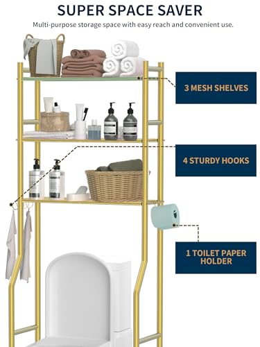 3-Tier Over The Toilet Storage, Freestanding Metal Bathroom Organizer with 4 Hooks & Anti-Tilt Kits, Heavy Duty Space Saver Shelf for Bathroom/Kitchen/Living Room, Gold