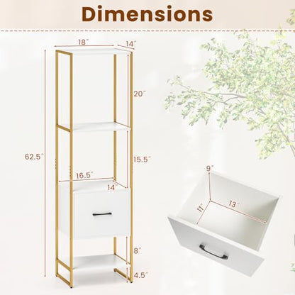 Giantex 4-Tier Bookshelf with Drawer Set of 2, Narrow Bookcase w/ 4 Open Shelves & Metal Frame, Modern Storage Organizer Shelving Unit, Freestanding Display Rack for Bedroom Living Room - color: White+gold
