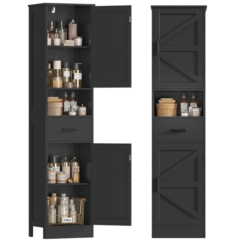 TEENFON Tall Bathroom Storage Cabinet with Barn Doors, Narrow Bathroom Cabinet with Drawer, Narrow Storage Unit, Adjustable Shelves, Floor Cabinets for Living Room, Entryway, Kitchen, Black - color: Black