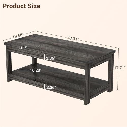Homieasy 43.3” Rectangular Coffee Table with Storage Shelf, Grey | Farmhouse Wood Center Table for Living Room, Modern Black Tea Table with Open Shelf - color: Grey