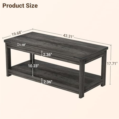 Homieasy 43.3” Rectangular Coffee Table with Storage Shelf, Grey | Farmhouse Wood Center Table for Living Room, Modern Black Tea Table with Open Shelf - color: Grey