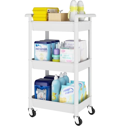 Steehoom 3-Tier Utility Rolling Cart with Cover Top Board, Mobile Utility Cart with Lockable Casters Multi-Functional Storage Trolley for Office, Bathroom, Kitchen, Garden, Laundry Room (White) - color: White, size: 3-Tier