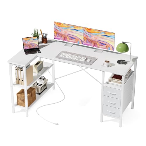 DUMOS L Shaped Desk with Drawers, Gaming Desk, 55 Inch | Power Outlet, Study Table, Adjustable Shelves, Home Office, Corner Computer Workstation, Bedroom, White - color: Milky, size: 55.1 Inch