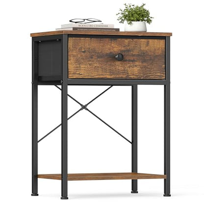 SONGMICS Nightstand, Small Side Table with Fabric Drawer, Narrow End Table, 15.6 x 11.8 x 23.8 in, Bedroom Furniture for Small Spaces, Rustic Brown, BELLAH Collection ULGS101K101S | Side End Table for Bedroom, Living Room, Rustic Brown, BELLAH Collection,