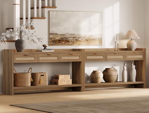 SICOTAS 60" Rattan Console Table Set of 2 - Farmhouse Entry Table Sofa Table with 3 Drawers, Narrow TV Console Table with Storage for Living Room, Hallway, Entryway - color: Reclaimed Caramel Oak, size: 2 Pieces