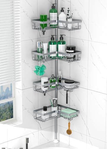 DAOYA Corner Shower Caddy Tension Pole, Light Gray | 4-Tier, Rustproof, Adjustable 25-114.2 Inch, Bathroom Organizer for Renters, Bathtub Shampoo Storage - color: Light Gray