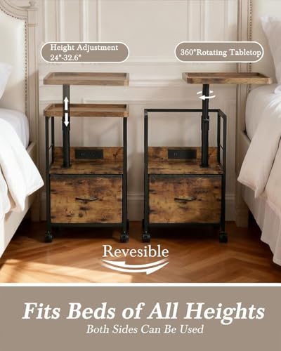 Faesun Swivel Lift Top Nightstand with Charging Station, Rolling Night Stand with Fabric Drawer, Adjustable Bedside Table for Bedroom, Living Room, Brown, Pro - color: 01 - Brown (Tray Top), size: 1 Drawer