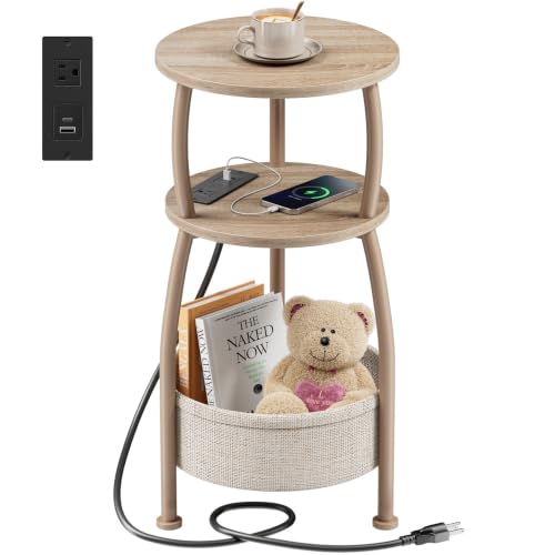 Side Table with Charging Station, Small Round End Table with Basket, USB and Type C Port, 3 Tiers Sofa Couch Table Bedside Table for Living Room Bedroom, Small Spaces, 11.81in Light Oak - color: Light Oak, size: 11.81" Dia With Power Strip