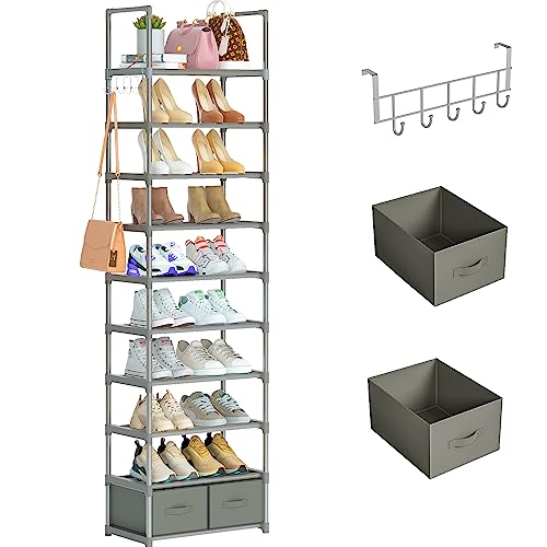 Shoe Rack Sturdy Metal 10 Tier Shoes Rack Organizer + 2Boxes 1Hook | Narrow Space Saving Shoe Storage Shelf for Closets, Tall Shoe Stand for Entryway, Living Room - color: Silver