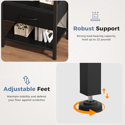 DUMOS Nightstand with Charging Station, Bedside Table with 1 USB-A, 1 USB-C & 2 AC Outlets, Fabric Drawer with Adjustable Open Shelf, Compact End Table for Bedroom, Black - color: Black, size: 15.7"Dx11.8"Wx23.4"H(1 Drawer, 1 Pack)
