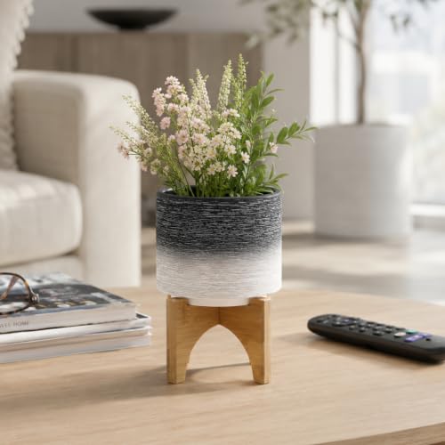 Modern Ceramic Planter with Wooden Stand – Stoneware Plant Pot Holder, Stylish Indoor & Outdoor Home Decor for Living Room, Bedroom, Office, or Garden, Plant Stand Indoor – 6", Gray & White - color: Ombre Gray
