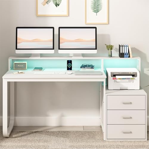 HOMBCK White Computer Desk with 3 Drawers and LED Lights, 67" Home Office Desk with Long Monitor Stand and Printer Shelfe, Writing Desk with Storage, Reversible Design，White - color: White