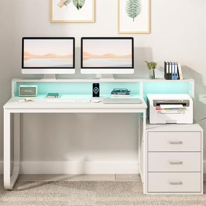 HOMBCK White Computer Desk with 3 Drawers and LED Lights, 67" Home Office Desk with Long Monitor Stand and Printer Shelfe, Writing Desk with Storage, Reversible Design，White - color: White