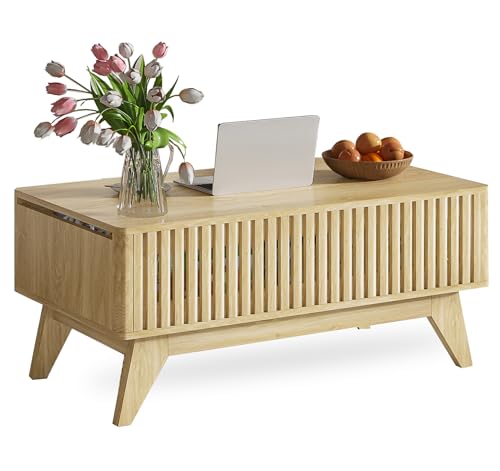Lift Top Coffee Table with Hidden Compartment, Mid Century Modern Coffee Table for Living Room, Fluted Design Farmhouse Center Table with Storage (Wood, 35.4" W) - color: Wood