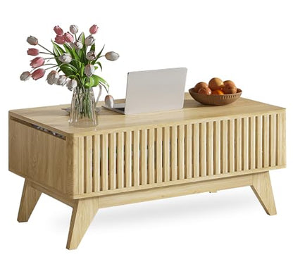 Lift Top Coffee Table with Hidden Compartment, Mid Century Modern Coffee Table for Living Room, Fluted Design Farmhouse Center Table with Storage (Wood, 35.4" W) - color: Wood