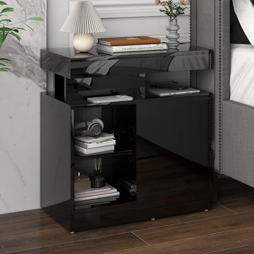 OC Orange-Casual LED End Table with Power Outlet, High Glossy Sofa Side Table, Small Nightstand with Drawer and Storage Cabinet, Narrow Side Table with Charging Station for Living Room (1, Black) - color: Black