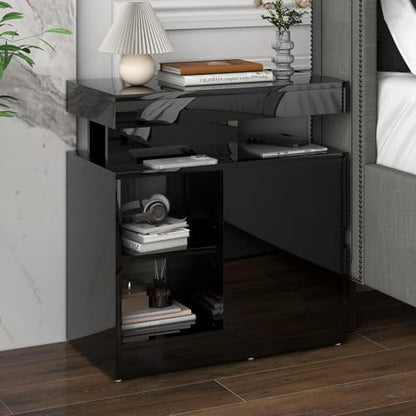 OC Orange-Casual LED End Table with Power Outlet, High Glossy Sofa Side Table, Small Nightstand with Drawer and Storage Cabinet, Narrow Side Table with Charging Station for Living Room (1, Black) - color: Black
