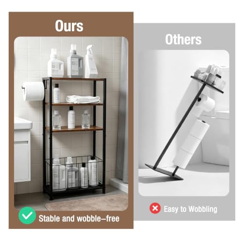 Freestanding Toilet Paper Holder with Storage Wood Shelf Adjustable Feet Bathroom Toilet Paper Stand Holder with Extra Roll Storage Basket Narrow Side Tissue Holder For Bathroom Laundry Room Apartment