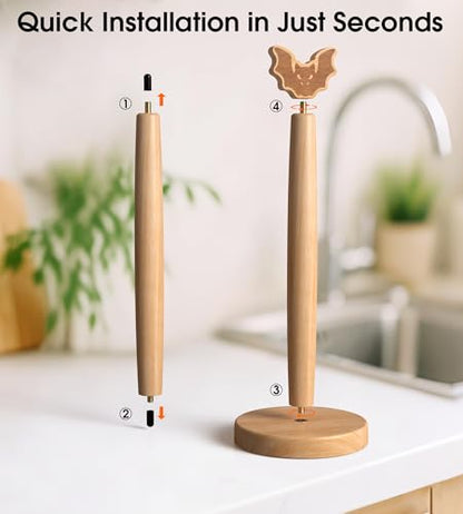 KitchLife Cute Wooden Paper Towel Holder Countertop - Solid Freestanding Paper Towel Dispenser Stand Organizer with Anti-Skid Base (Bat) - style: Bat