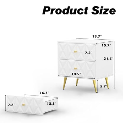 Nightstand Set of 2, White and Gold Nightstands with 2 Diamond Pattern Drawers, Modern End Table Side Table with Gold Handle & Legs for Bedroom